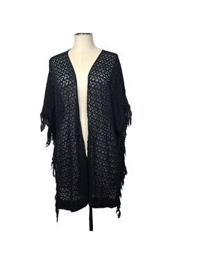 Bebe Black Knit Fringe Trim Open Kimono OS